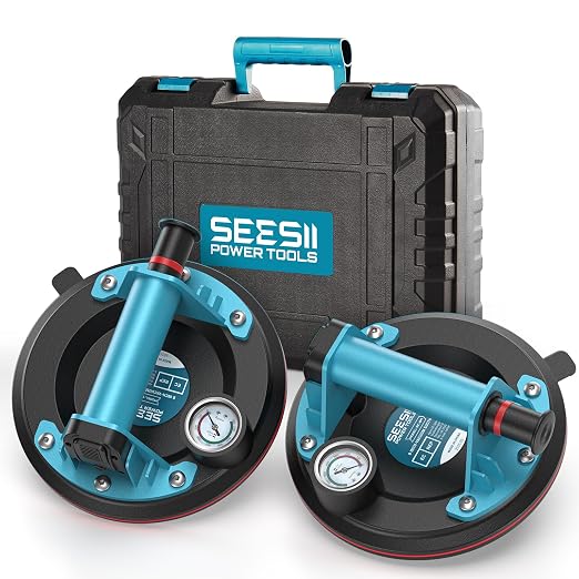 SEESII Suction Cups for Glass Lifting: 8" Tile Suction Cup Lifter with Pressure Gauge, 250KG Max Load, Heavy Duty Vacuum Lifter for Lifting Large Tile, Granite, Metal, Windows (2-Pack)