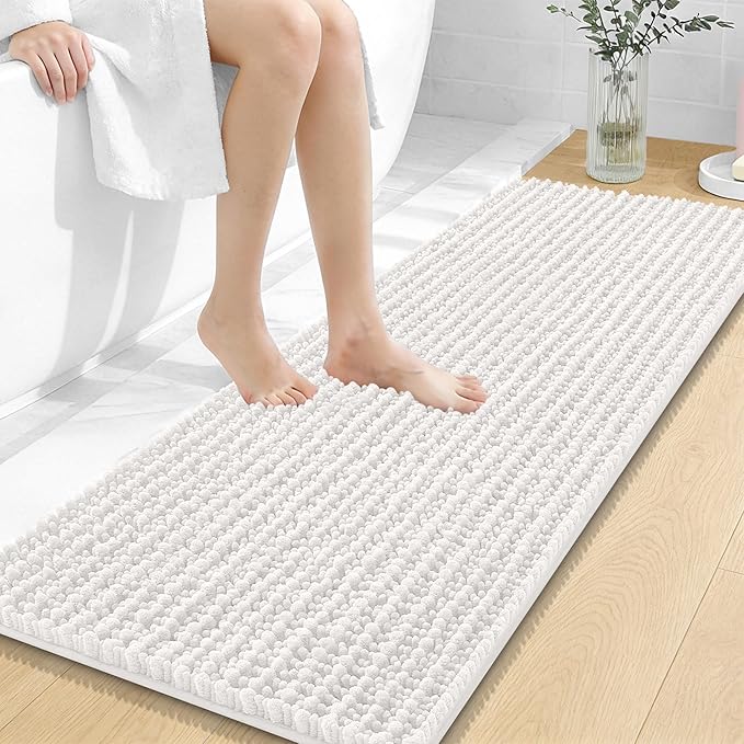 OLANLY Long Bathroom Rugs Runner 47x17, Thick Soft and Absorbent Chenille Bath Mat, Non-Slip, Machine Washable Quick Dry Bath Rugs for Tub Shower Floor, Home Decor Accessories, Ivory