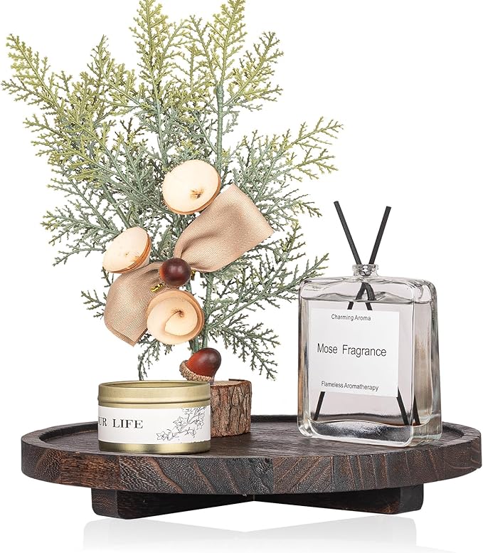 Round Decorative Tray Wood Bathroom Counter Organizer Farmhouse Kitchen Decor Wooden Riser for Soap Dish, Perfume, Candle, Sponge, 10" - Dark Brown
