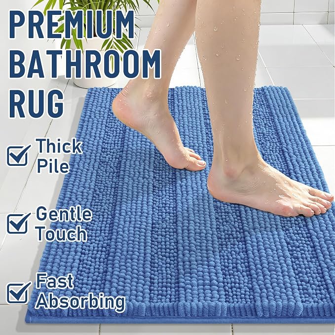 Grandaily Chenille Striped Bathroom Rugs 70x24, Extra Thick and Soft Absorbent Bath Mats, Rubber Backing, Plush Shaggy Shower Carpet, Machine Wash Dry, Bath Rug for Bathroom, Cornflower Blue