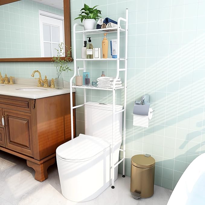 3-Shelf Bathroom Organizer Over The Toilet Space Saver Over The Toilet Rack Bathroom Corner Stand Storage Organizer (White)