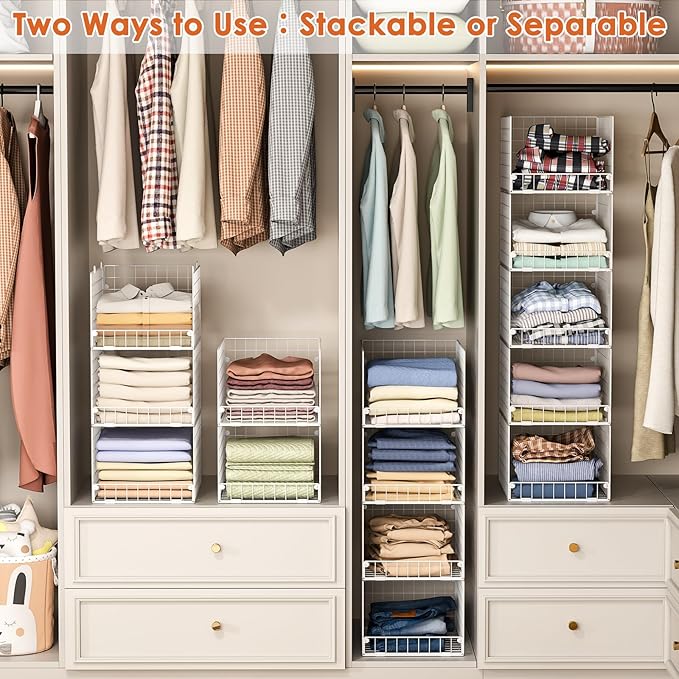 5-Tier Stackable Closet Storage Shelves, Closet Organizers and Storage Basket, Foldable & Stackable Closet Organizers for Closet System, Space-Saving Closet Shelf for Home ,White(Patent No. 30022416)