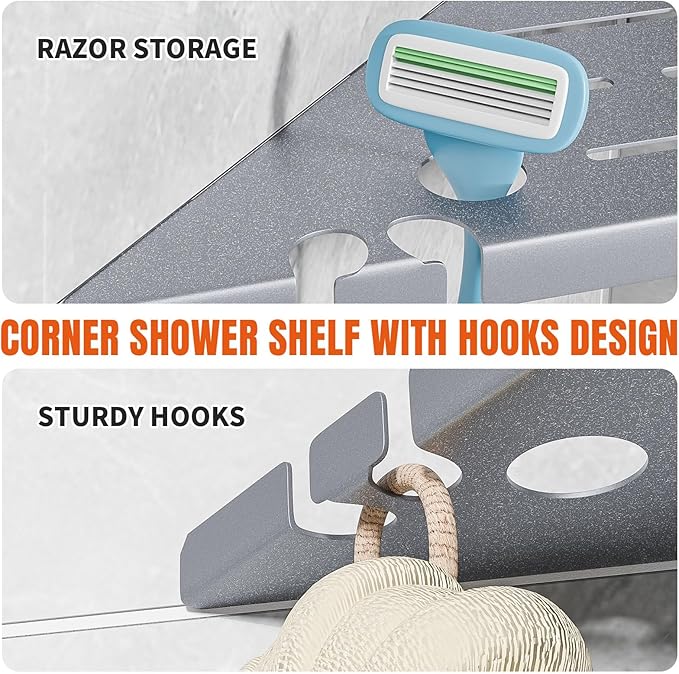 Shower Corner Shelf Organizer Rack with Hooks & Razor Hole, No Drilling Tile Shower Shelves, Rustproof Stainless Steel Bathroom Shelves Basket, Modern Corner Shelf for Bathroom, 2Pack-Silver