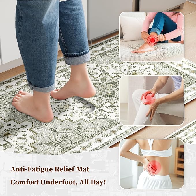 Boho Kitchen Mats for Floor 2 Piece Set Anti Fatigue Cushioned PVC Kitchen Rugs Non Slip Waterproof Farmhouse Mats 2/5 Inch Comfort Standing Mat for Laundry, 17.3"x59"+17.3"x28", Green-Tinted Grey