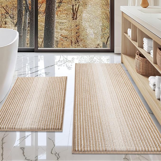 BSICPRO Bathroom Rugs and Mats Sets, 2 Piece Thick Absorbent Chenille Bath Mat Rug Set Non Slip, Soft Shaggy Bath Floor Mats for Bathroom, Machine Washable (20" x 47" Plus 16" x 24", Beige)