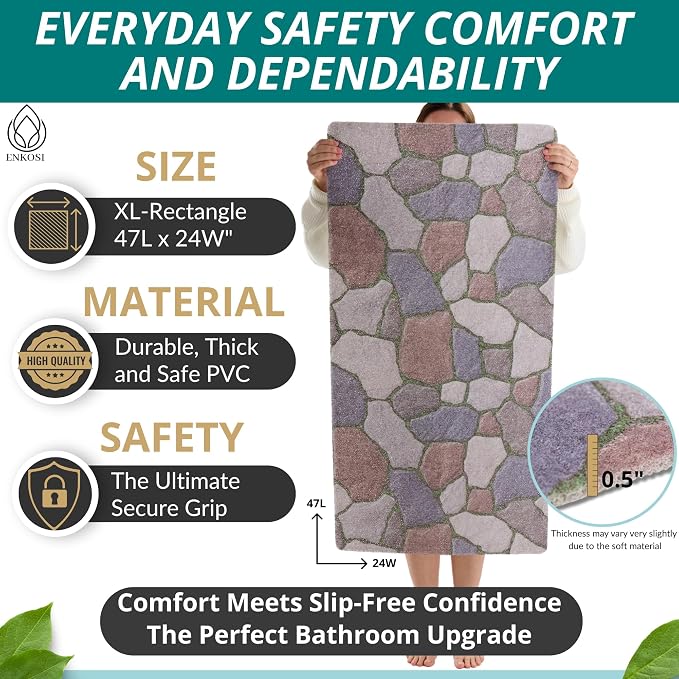 Anti Slip Shower Mat - Non Slip Shower Mats for Inside Shower - Large 47x24 Loofah Shower Floor Mat Non Slip - Bath Mat for Shower - Secure Mat Without Suction Cups (47x24 Stone Path)