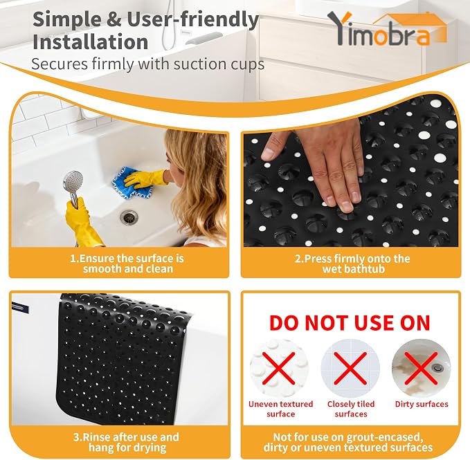 Yimobra Non Slip Bathtub Mat 40 x 16 Inch, Extra Long Shower Mat with Drain Holes, Machine Washable Baby Bath Mats, Strong Suction Cups for Bathroom Floor, Black