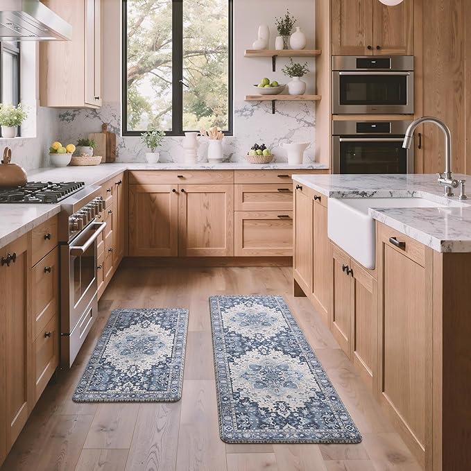 GENIMO Kitchen Mats for Floor 2PCs, Washable Anti Fatigue Mat for Cushioned, 17.3"x47"+17.3"x30", Waterproof Kitchen Rugs, Non Slip Comfort Standing Mat Rug for Home, Sink, Laundry, Soft Blue Violet