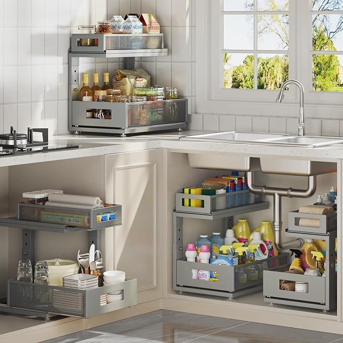 1 Pack 15.74IN-Depth Under Sink Organizer With Next-Gen Ball-Bearing Slides,2-Tier Pull Out Cabinet Storage,Height Adjustable Drawer Shelf for Bathroom,Kitchen,Laundry,Cabinet,Pantry-Gun Gray