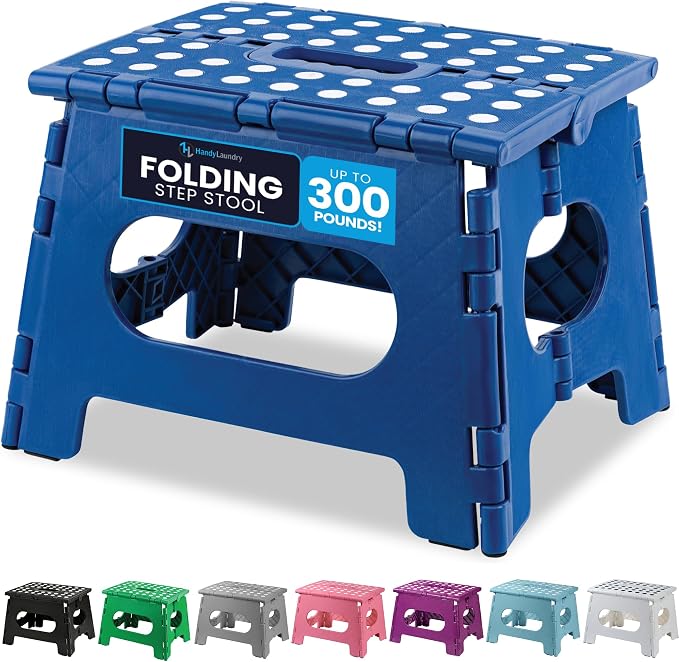 Handy Laundry Folding Lightweight Step Stool - Sturdy Enough to Support Adults - Opens Easy with One Flip - Great for Kitchen, Bathroom or Bedroom (Blue - 9 Inch)