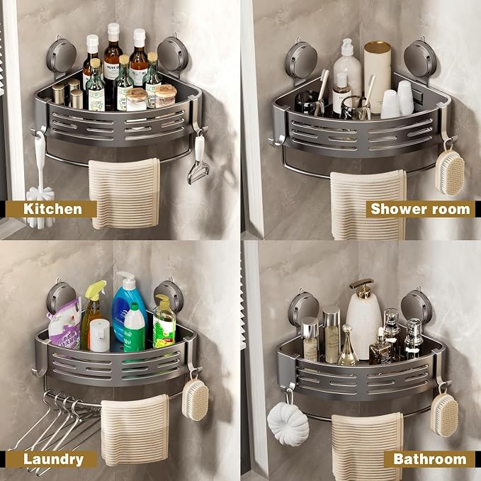 VOLPONE Shower Caddy Corner Suction Cup Shower Shelf Corner No Drilling Bathroom Shower Organizer Storage Rack Adhesive (1-Pack, gray)