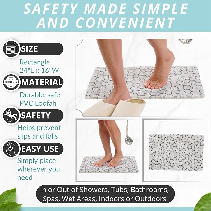 ENKOSI Loofah Non-Slip Shower and Bath Mat - Soft Cushioned Comfort - No Suction Cups for Smooth or Textured Tubs - Fast Draining - Safety for Bathroom, Family, Kids, and Elderly (24x16 Pebble)