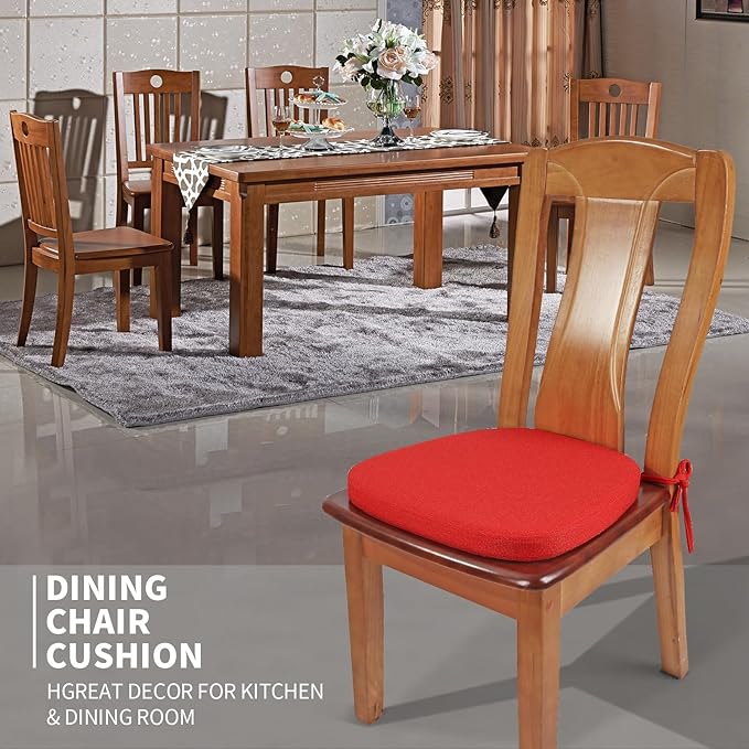 SINOSSO 6 Pack Memory Foam Chair Cushions for Dining Chairs, Friendly Woven Fabric 16" U-Shape Comfortable Kitchen Chair Pads, Removable Slip Resistant Seat Cushions (Set of 6, Red)