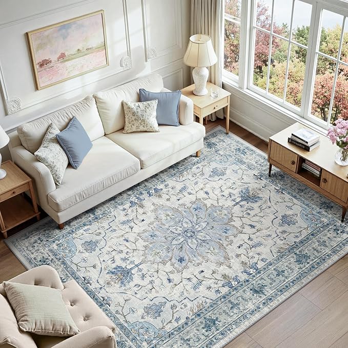 RELEANY Area Rugs 6'x9' Washable Non-Slip, Floral Vintage Distress Medallion Carpet for Living Room Bedroom Dining Room, Light Blue Navy Gray White