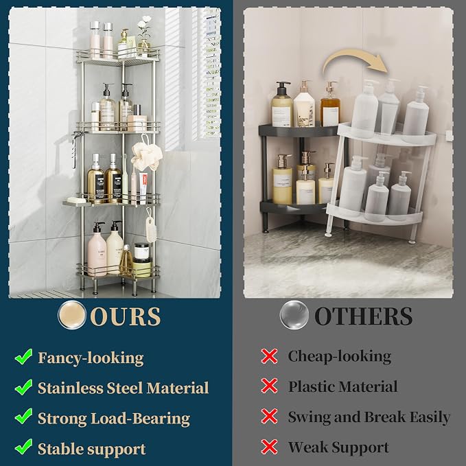 Consumest Corner Shower Caddy Standing - 4-Tier Stainless Steel Shower Organizer with Soap Holder and 4 Hooks, Large Capacity Corner Shelf Stand for Bathroom, Rest Room, Sand Nickel