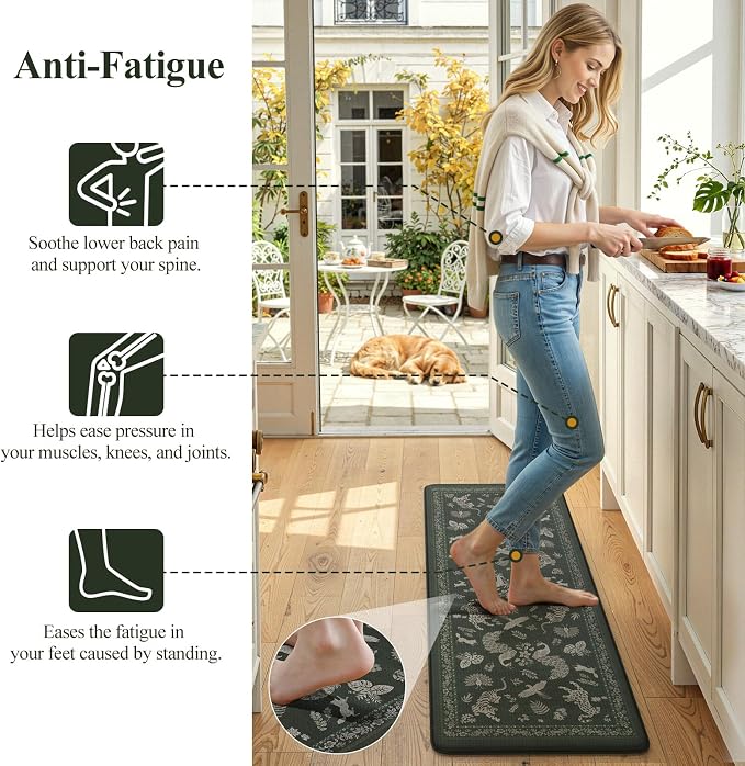 LEEVAN Anti Fatigue Mats for Kitchen Floor Non-Slip, Cushioned Kitchen Mats for Floor 2 Piece, Dark Green Memory Foam Kitchen Mat Set, Waterproof Ergonomic Standing Mat for Bar, Office,Desk, Laundry