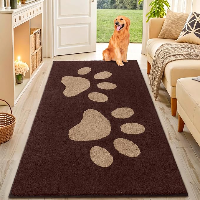 Smiry Dog Door Mat for Muddy Paws, Absorbs Moisture and Dirt, Low-Profile Entryway Mat with Non-Slip Backing, Entry Indoor Outdoor Doormat for Inside Floor (59x35 Inches, Brown, Paw