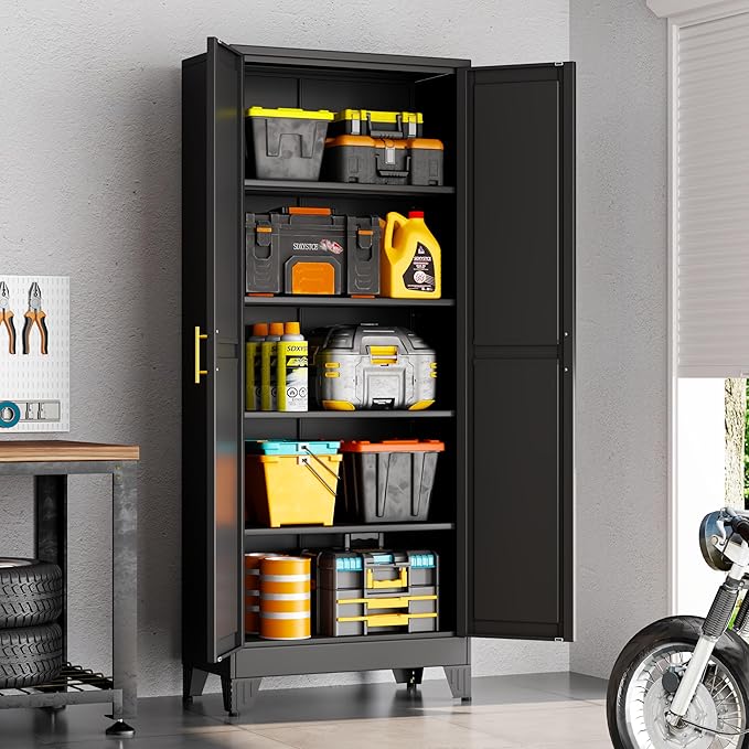 71" Black Metal Garage Storage Cabinet with 2 Doors and 4 Adjustable Shelves,Kitchen Pantry Cabinet,File Cabinet,Steel Tool Cabinet for Home,Office,Garage,School,Warehouse