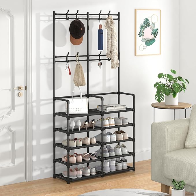 Laiensia 5-Tier Entryway Coat Rack, Coat and Shoe Rack, Entryway Bench Storage Organizer with 8 Hooks for Bedroom, Hallway, Office, Black
