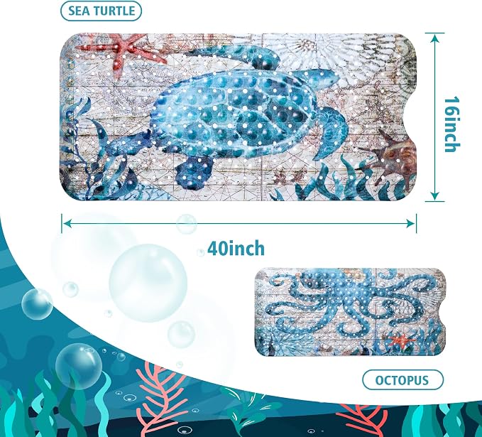 MOLFUJ Non Slip Bathtub Mat for Bathroom, 40 X 16 Inch Sea Turtle Bath Tub Mat with Antislip Suction Cups and Drain Holes, Blue Long Shower Mats for Baby Tub