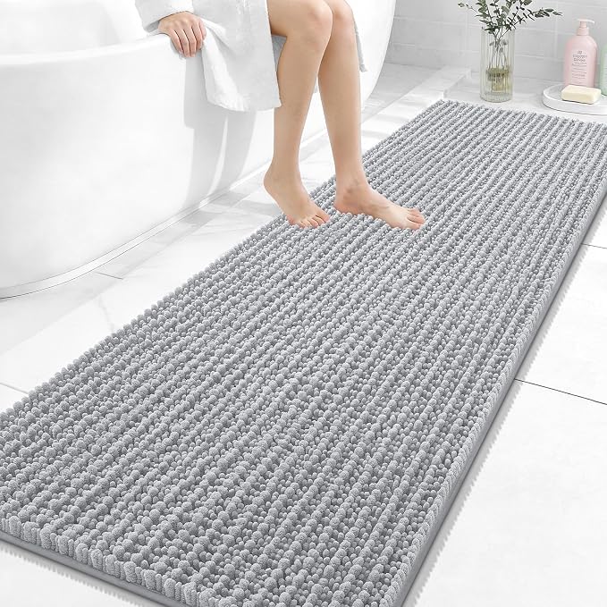 OLANLY Long Bathroom Rugs Runner 70x24, Thick Soft and Absorbent Chenille Bath Mat, Non-Slip, Machine Washable Quick Dry Bath Rugs for Tub Shower Floor, Home Decor Accessories, Light Grey