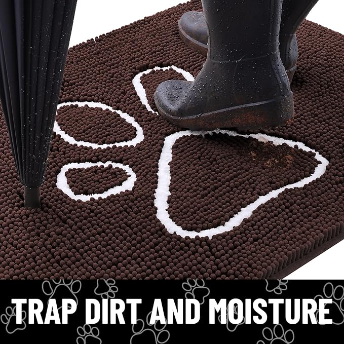 Smiry Dog Door Mat for Muddy Paws, Absorbent Dirt Trapper Non Slip Quick Dry Washable Chenille Mat for Mud Dogs, Entry Rug for Indoor and Outdoor (45x27 Inches, Brown and White)