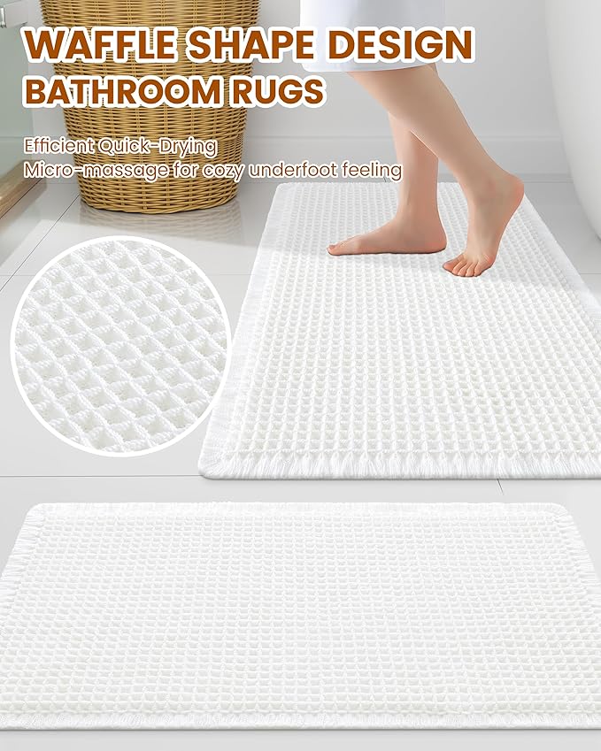 Smiry Waffle Bath Mat 47x24, Extra Soft Absorbent Bathroom Rugs, Non Slip Machine Washable Quick Dry Bath Rugs for Bathroom Floor, Tub, Shower, Home Decor Accessories, White