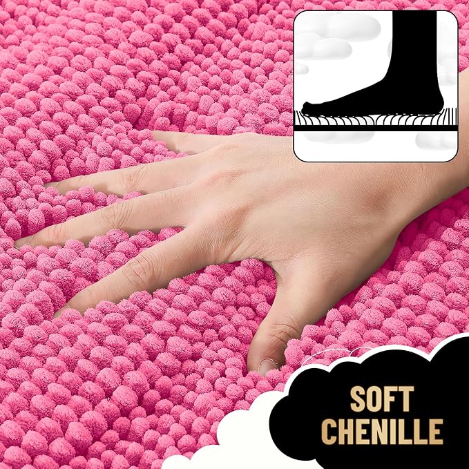 OLANLY Thick Bathroom Rugs 36x24, Extra Soft Absorbent Chenille Striped Bath Rugs, Rubber Backing, Machine Wash Dry, Bath Mats for Bathroom Floor, Tub and Shower, Home Decor Accessories, Hot Pink