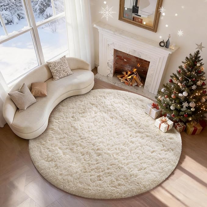 Ophanie Round Rugs 5Ft Ivory Circle Area Rug Washable, Nursery Living Room Decor Aesthetic Bedroom Home Circular Carpet 5 Foot, Fluffy Fuzzy Shag Plush Cream Rugs for Kids Boys Girls Teen Baby