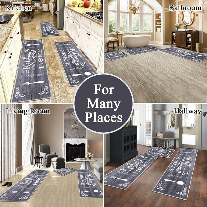 Vaukki Boho Kitchen Rug Sets 3 Pieces, Washable Kitchen Mats for Floor, Non Slip Soft Kitchen Area Rug Floor Mat for Kitchen, Laundry Room and Hallway (Grey, 20''x32''+20''x47''+20''x59'')