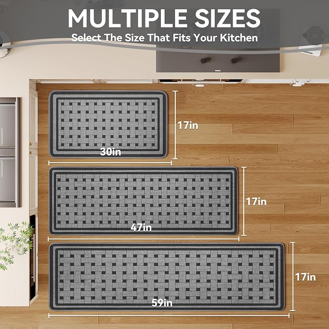 Kitchen Mats for Floor, 17''x30'' Washable Absorbent Non Slip Kitchen Mat, Braided Kitchen Runner Rug, Kitchen Sink Rug, Grey
