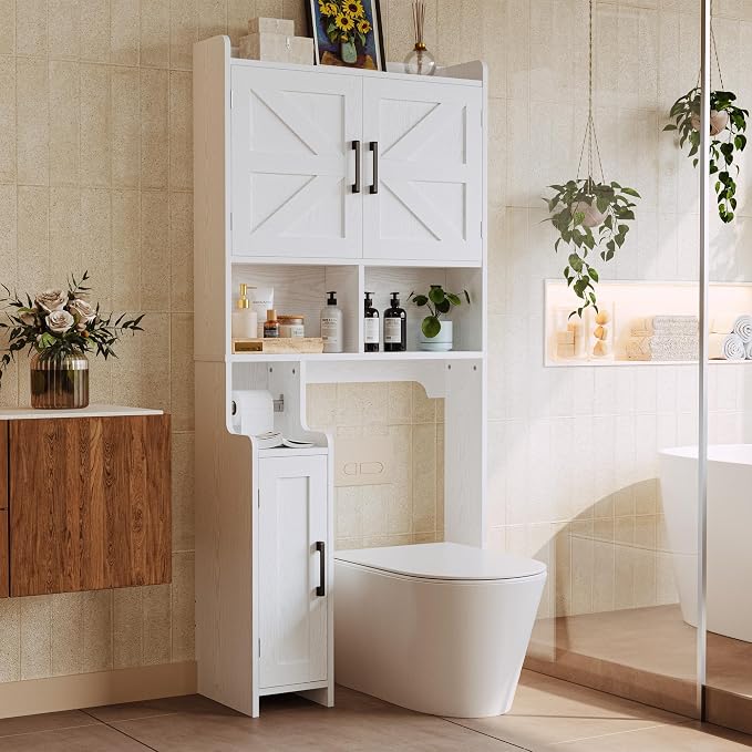 IRONCK 67" Farmhouse Over The Toilet Storage Cabinet, Bathroom Organizer with Door, Adjustable Shelves, Side Cabinet and Toilet Paper Holder, Shelf Cabinet for Bathroom, Restroom, Laundry, White
