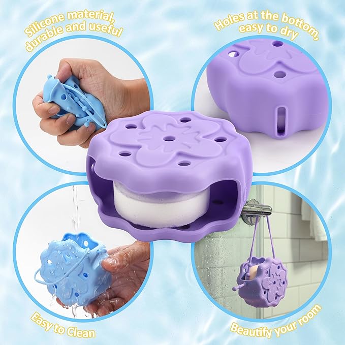 2 Packs Shower Steamer Tray, Silicone Soap Dish Holder, Hangable and Reusable Shower Steamer Holder/Hanger, Bath Bombs Shower Accessory, Aromatherapy Diffuser Containers, Purple and Blue
