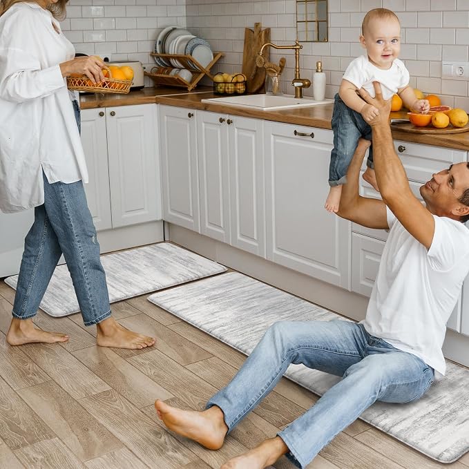 KIMODE Anti Fatigue Kitchen Mats for Floor, Abstract Farmhouse Kitchen Rugs, Cushioned Kitchen Floor Mats, Comfort Standing Mat for Sink, Laundry, Office, Desk Multi-Grey 17"x47"+17"x29"
