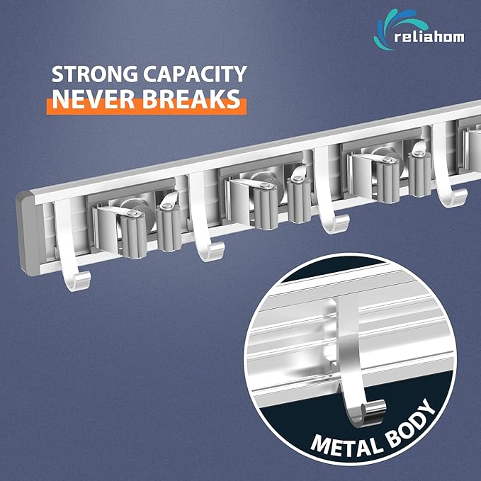reliahom Adjustable Broom Holder Wall Mount, Mop Storage Tool Racks, Broom Hanger Tool Organizer for Garage, Kitchen, Garden, Laundry Room, 4 Racks 5 Hooks Silver