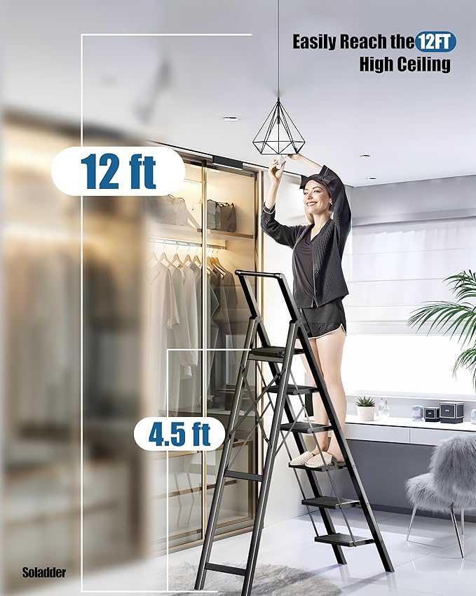 SOLADDER 6 Step Ladder for 12 Feet High Ceiling, Folding Step Stool with Handgrip & Anti-Slip Wide Pedal, Portable Lightweight Aluminum Stepladder for Kitchen, Home (300 lbs Capacity) - Black