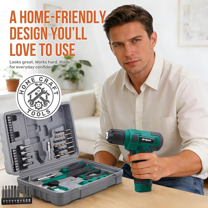 Hi-Spec 8V Cordless Drill Set & Tool Kit for Men – Power USB Rechargeable Electric Drill Driver, Compact Hand Toolbox with Essential Tools, Green, Ideal for Home Improvement