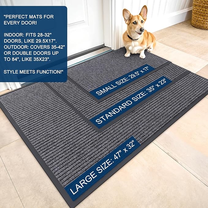 OLANLY Front Door Mat Indoor Outdoor Entrance, 2-Pack 47 x 32 Inch, Waterproof Heavy Duty Doormat, Fade Resistant, Low Profile, Easy Clean Patio Porch Welcome Floor Mats for Entry, Grey