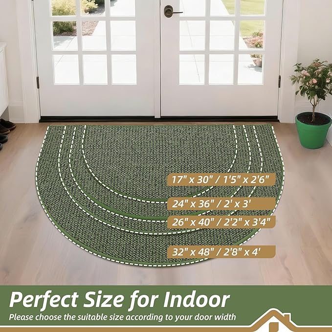 BEQHAUSE Dirt Trapper Door Mat 17" x 30" Half Circle Non Slip Washable Doormats Entrance Rugs Absorbent Welcome Low Profile Floor Mats for Front Back Door and Entryway, Green