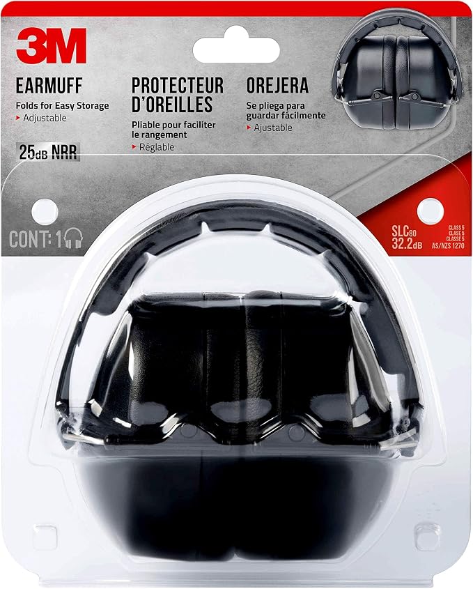 3M Folding Earmuff, Noise Reduction Rating (NRR) 25 dB, Adjustable Ear Muffs, Padded Headband For Comfort, Flexible & Adjustable Headband, Black, One Size Fits Most (90563H1-DC) (Pack of 5)