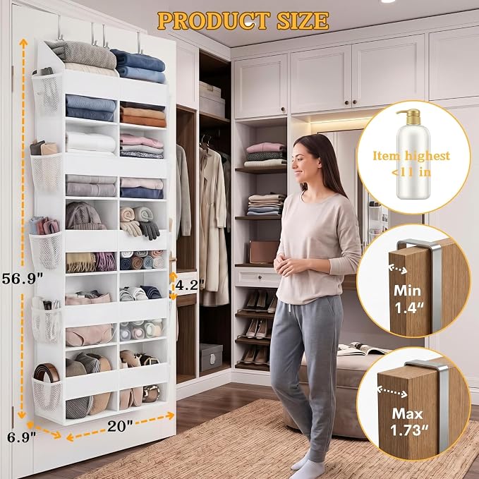 Over The Door Organizer 5 Tiers, Extra Large Behind Door Storage of 10 Compartments, 80 lbs Weight Capacity Hanging Storage Organizer with Clear Window Kids Toys, Shoes,Diapers, Room Storage, White