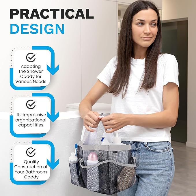 Handy Laundry Mesh Shower Caddy Portable for College Dorm Room Essentials, 7 Pocket Hanging Shower Bag Tote, Quick Dry Collapsible Toiletry Organizer for Gym, Beach, Travel, Camping (Black)