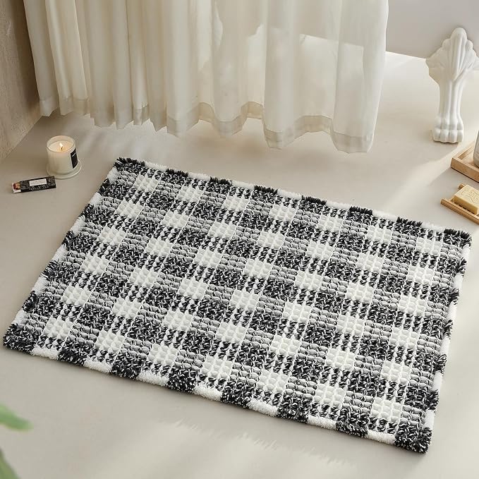 TYUU Waffle Bath Mat, Boho Bathroom Rugs Non Slip Washable Absorbent Checkered Bathroom Mat Quick Dry Farmhouse Bathroom Decor, 36"x24" Black and White