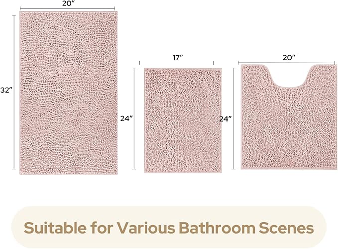 HOMEIDEAS 3 Pieces Bathroom Rugs, Extra Large Ultra Soft Non Slip Absorbent Chenille Toilet Bath Mat Set (Dusty Pink)