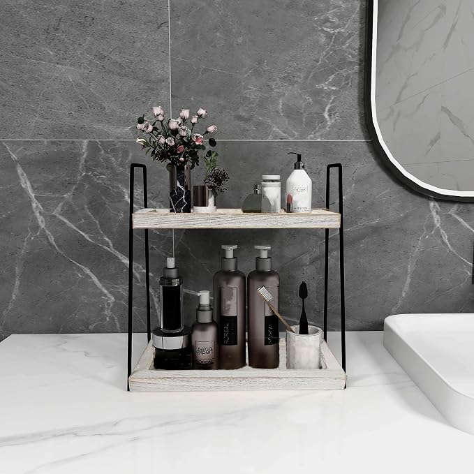 Dorhors 2 Tier Bathroom Counter Organizer Storage,Vanity Organizer for Bathroom Counter,Wood Standing Rack for Kitchen(Rustic White)