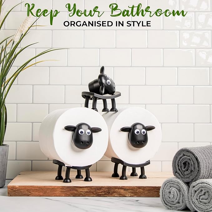 VELENTI Sheep Toilet Roll Holder - Funny Toilet Paper Holders Free Standing Cute Bathroom Decor - Premium 3D Printed Black Sheep Loo Rolls Holder - Hilarious Tissue Paper Roll Storage - Set of 3