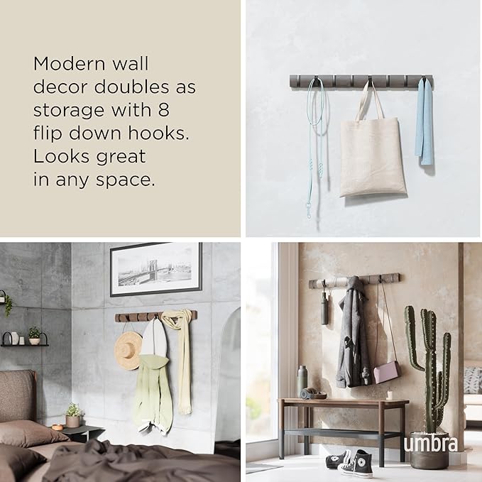Umbra Flip Wall-Mounted Coat Rack with 8 Hooks – Modern, Space-Saving Storage for Hats, Jackets, Bags, Entryway, Mudroom, Closet, Bathroom, Bedroom – White/Nickel