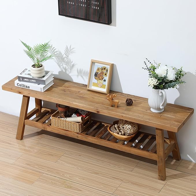HOKYHOKY Reclaimed Solid Wood Bench-55 Inches Farmhouse Entryway Bench with Storage Shelf, Narrow Rustic Bench for Hallway, Kitchen, Bedroom, Dining