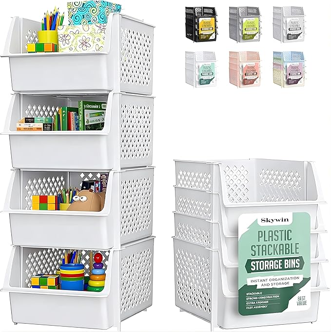 TidyFriend 4 Pack Stackable Storage Bins Open Front for Pantry Organizers and Storage, Pantry Storage for Food, Kitchen and Home Organization, Plastic Storage Bins, Dorm Room Essentials (White)