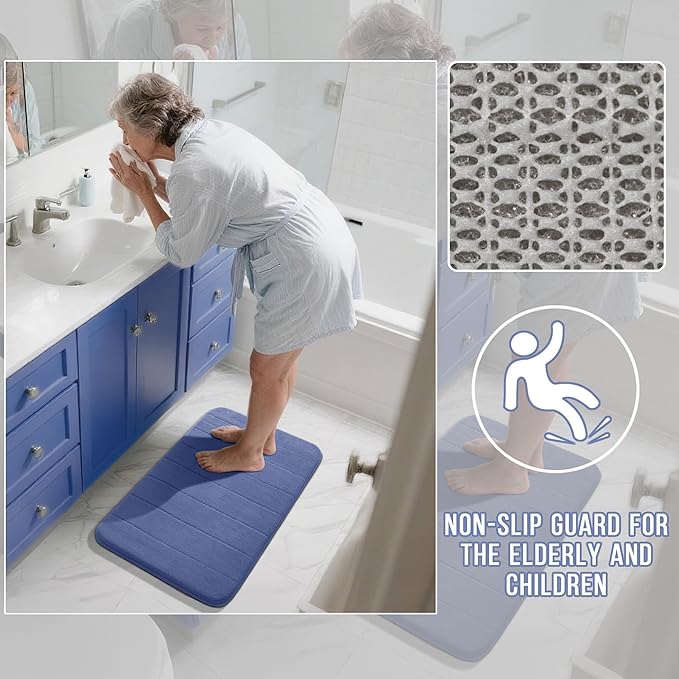 Yimobra Memory Foam Bathroom Rugs Sets 2 Piece - Super Soft Absorbent Quick Dry Bath Mat Set, Machine Washable Non Slip Floor Carpet for Tub Shower & Single Sink (17x24 & 31.5x20 Inch, Navy Blue)